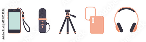 Modern digital content creation equipment set illustration featuring a smartphone, microphone, tripod, power bank, and headphones, essential tools for vlogging, podcasting, and streaming.