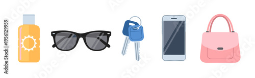 Essential daily items, including sunscreen, sunglasses, car keys, smartphone, and a stylish pink handbag, are neatly arranged in a horizontal line
