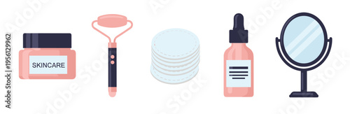 Skincare cream, facial roller, cotton pads, serum, mirror are essential items for a comprehensive daily beauty and self-care routine.