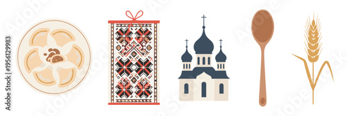 Traditional Ukrainian cultural symbols and elements are beautifully illustrated together, representing the rich heritage, cuisine, and spiritual identity of the nation.