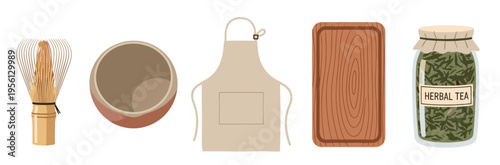 Tea preparation accessories and kitchen essentials are neatly arranged in a charming flat lay illustration, showcasing a variety of tools for brewing and cooking.