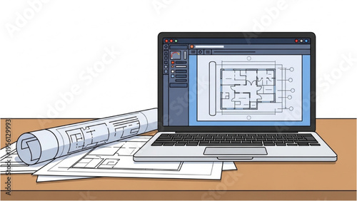 A laptop displays a blueprint on its screen next to architectural plans on a desk.
