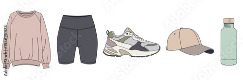 Activewear collection for women featuring a sweatshirt, cycling shorts, sneakers, baseball cap, and water bottle for fitness and casual style.
