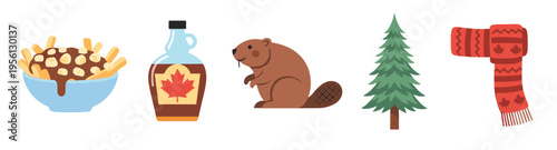Canadian symbols and cultural elements are depicted in a charming cartoon style, including poutine, maple syrup, a beaver, a tree, and a scarf.