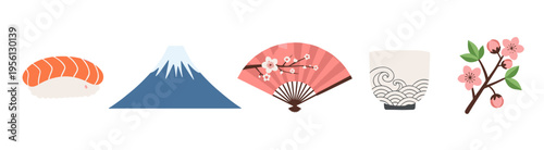 Japanese cultural symbols collection featuring traditional items like sushi, Mount Fuji, a fan, and cherry blossoms, representing the rich heritage of Japan.