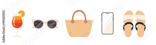 Summer vacation essentials collection of travel items including a refreshing cocktail, stylish sunglasses, a straw beach bag, a smartphone, and comfortable sandals, perfect for a relaxing holiday.