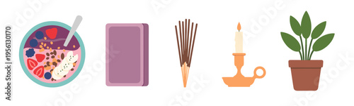 Wellness and self-care items are beautifully illustrated in a flat design style, representing a holistic approach to health and relaxation.