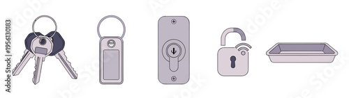 Various security and access control devices are displayed, including traditional keys, a modern key fob, a door lock mechanism, an open smart padlock, and a small tray.
