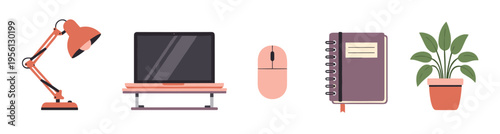 Modern collection of essential office desk items, including a laptop, adjustable lamp, computer mouse, spiral notebook, and a potted plant.