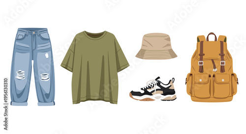 Modern casual clothing and accessories featuring ripped jeans, an oversized t-shirt, a bucket hat, sneakers, and a backpack for a trendy look.