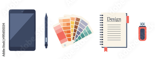 Graphic design tools and creative elements displayed horizontally, including a tablet, stylus, color palette, notebook, and USB drive, represent a modern creative workflow.