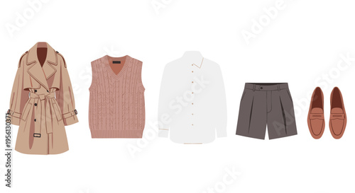 Stylish collection of various modern fashion garments and accessories, including a trench coat, sweater vest, shirt, shorts, and loafers, perfect for a contemporary wardrobe.