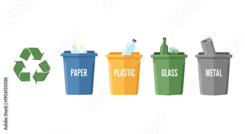 Recycling bins and symbol illustrate waste sorting for paper, plastic, glass, and metal materials, promoting environmental conservation and sustainable living practices.