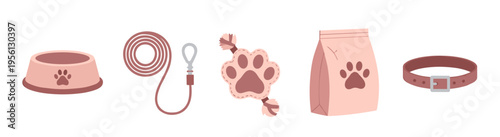 Pet supplies collection featuring essential items for animal care, including a food bowl, leash, toy, food bag, and collar, presented in a cute flat illustration style.
