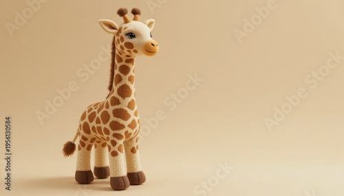 Giraffe Plush Toy Stands Proudly on a Smooth Beige Background, Showcasing Playful Design and Soft Texture