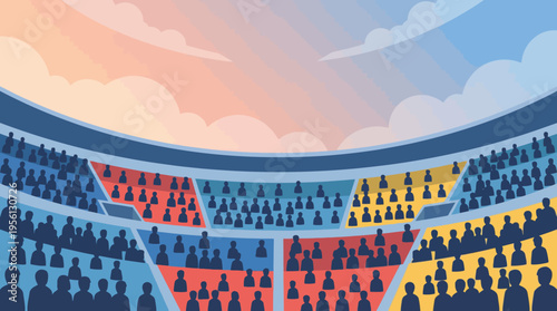 Diverse crowd segregated in a stadium with color-coded sections