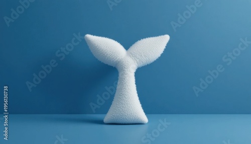 White Whale Tail Sculpture Against a Blue Background in a Minimalist Setting