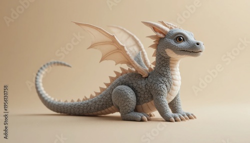 Small Dragon Sculpture With Detailed Features and Expressive Eyes on a Neutral Background