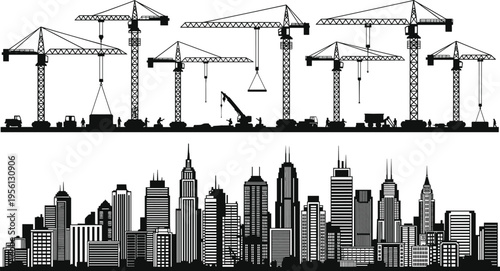 Construction site illustration, tower cranes, urban development, city skyline, building process, architecture design, workers, construction vehicles, skyscrapers, modern infrastructure, urban growth