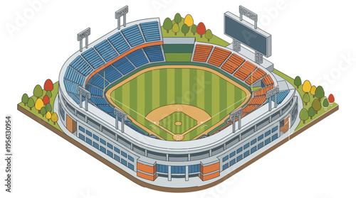 Isometric view of a modern baseball stadium with surrounding greenery