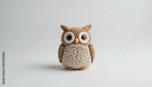 Cute and Detailed Owl Figure Made From Clay With Vibrant Eyes and Fluffy Texture on a Plain Background