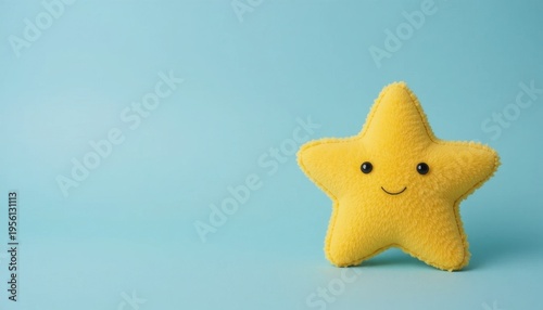 Yellow Star Plush Toy on a Light Blue Background With a Cheerful Expression