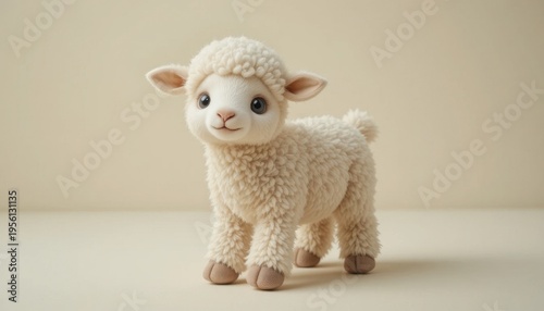 Cute Fluffy Lamb Plush Toy Standing on a Neutral Background in Soft Light