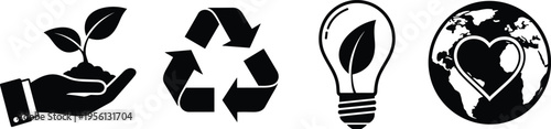Eco sustainability icons, environmental care, recycling symbol, energy efficiency, green design, global awareness, conservation artwork, nature protection illustration