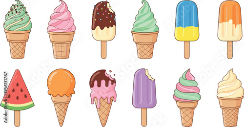 Set of colorful ice cream cones and popsicles, sweet summer desserts collection isolated cartoon vector illustration design