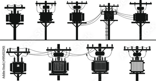 Electrical transformer silhouettes, utility poles, power distribution, energy infrastructure, black and white artwork, engineering design, industrial illustration, grid system