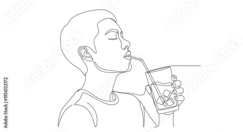 Woman drinking from a glass with a straw and ice cubes