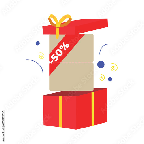 Open Red Gift Box with 50% Discount Ribbon and Festive Confetti