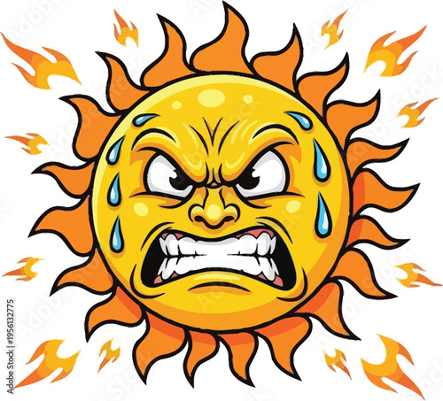 Summer Heatwave Mad Sun Grumpy Sweaty Cartoon Character
