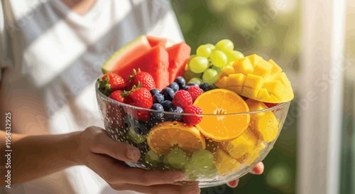 Fresh fruit bowl with various colorful fruits in a clear glass bowl
