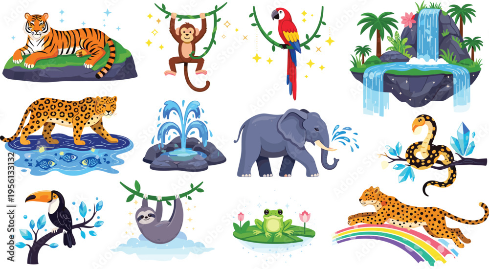 Fototapeta premium Wild Jungle Animal Vector Set Featuring Tiger Monkey Parrot Elephant Leopard Snake Toucan Sloth Frog Cartoon Characters Nature Scene Flat Illustration Collection