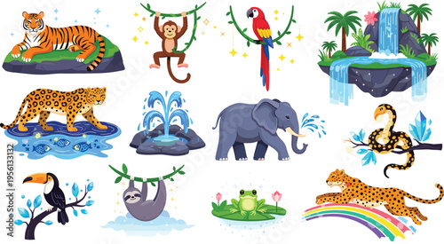 Wild Jungle Animal Vector Set Featuring Tiger Monkey Parrot Elephant Leopard Snake Toucan Sloth Frog Cartoon Characters Nature Scene Flat Illustration Collection