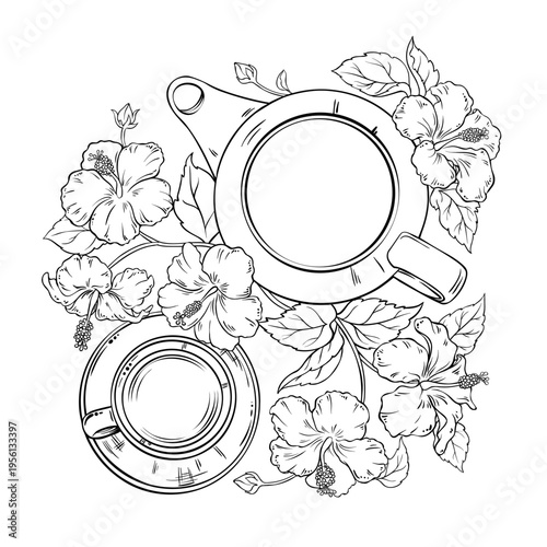 Hibiscus Tea in Teapot aroma beverage Outline Illustration. Vector isolated for Design and Decoration for Cafeteria, Posters, Banners, Cards.