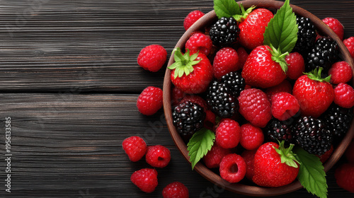 A delightful assortment of fresh strawberries, raspberries, and blackberries are arranged in a rustic bowl atop a dark wooden table, creating an inviting scene.