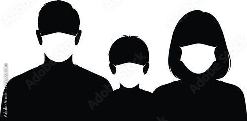 Family silhouette illustration, health safety, face masks, pandemic artwork, black and white design, protective symbol, public health portrait
