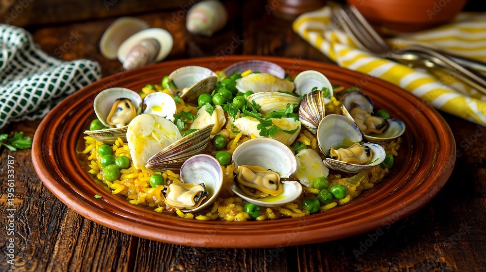 Fototapeta premium Paella Mixta with Clams and Peas, Spanish Cuisine, Food Photography, Rustic Table Setting