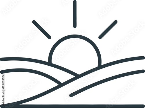 Simple line drawing of a sunrise over rolling hills landscape