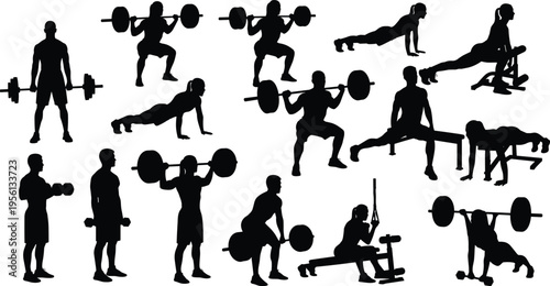 Fitness silhouettes, weightlifting, gym exercises, strength training, workout icons, bodybuilding, health illustration, male female figures, dumbbell, barbell, squat, deadlift, press
