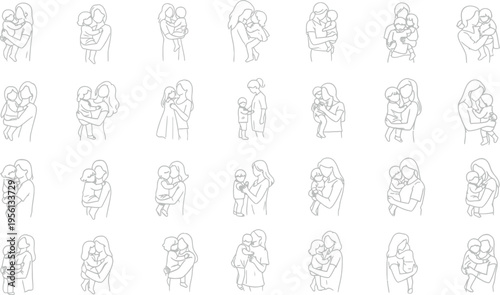Diverse line drawings of adults and children embracing in various affectionate poses