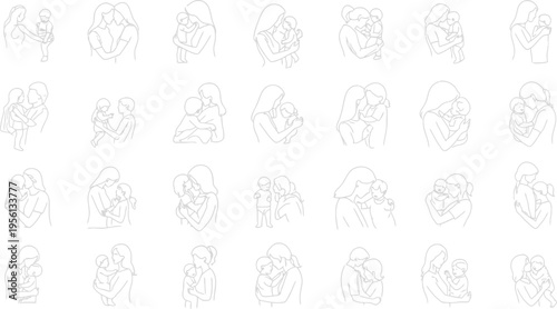 Diverse illustrations of caregivers holding and comforting children in various poses