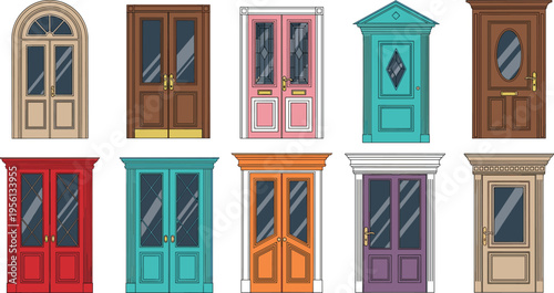 Set of decorative doors in various styles and colors, classic and modern entrance designs isolated vector illustration collection