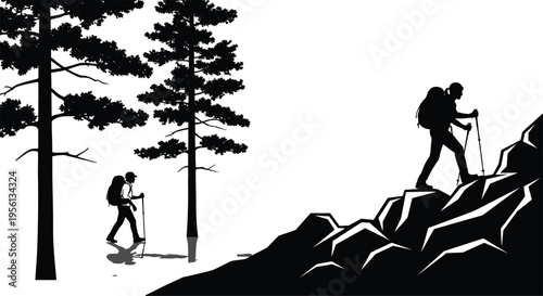 Hiking silhouette illustration, outdoor adventure scene, mountain climbing artwork, trekking in forest, nature exploration design, backpack hikers, wilderness journey, pine trees