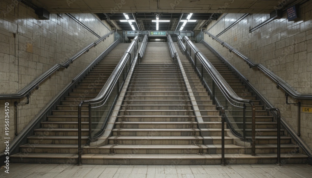 Fototapeta premium Stairs in an Empty Subway Station With Bright Lights and Smooth Walls at Night