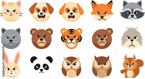 Angry Animal Face Vector Set Featuring Cat Dog Fox Bear Tiger Owl Panda Cartoon Characters with Fierce Expressions for Mascot Design Flat Illustration Collection