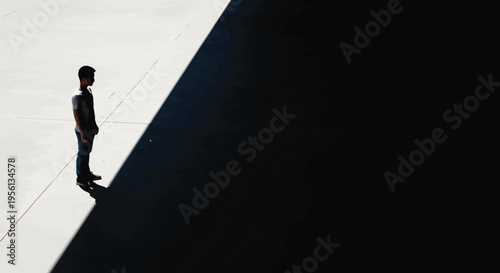 Man standing alone on a concrete floor with a large shadow