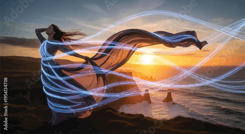 Woman dancing on cliffside with glowing fabric at sunset